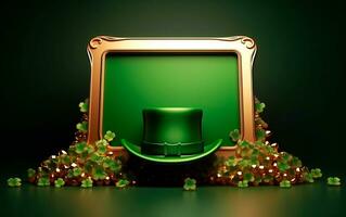 AI generated Green leprechaun hat with green shamrocks and a blank golden frame for text. Saint Patrick's Day still life concept. photo