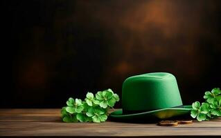 AI generated Green leprechaun hat with green shamrocks and a blank golden frame for text. Saint Patrick's Day still life concept. photo