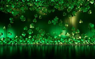 AI generated Elegant green wall with green shamrocks and empty space for text. Saint Patrick's Day still life concept. photo