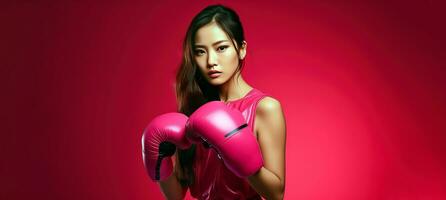 AI generated Asian girl with boxing gloves over pink background. Breast cancer awareness month concept with space for text. photo