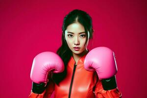 AI generated Asian girl with boxing gloves over pink background. Breast cancer awareness month concept with space for text. photo