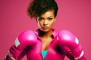 ai generado afro niña con boxeo guantes terminado rosado antecedentes. pecho cáncer conciencia mes concepto con espacio para texto. foto