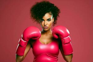 AI generated Afro girl with boxing gloves over pink background. Breast cancer awareness month concept with space for text. photo