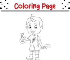 cute little boy holding seed sack shovel coloring page vector