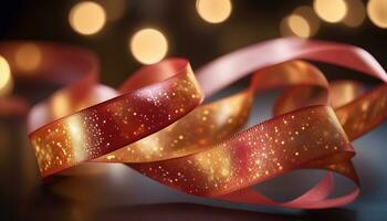 AI generated red ribbon with gold glitter on it photo