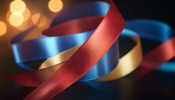 AI generated red, blue and gold ribbon on a black background photo