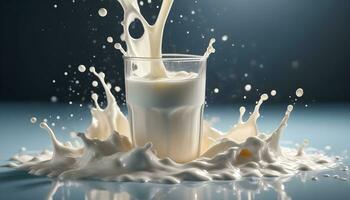 AI generated milk splash in glass with splash of milk photo