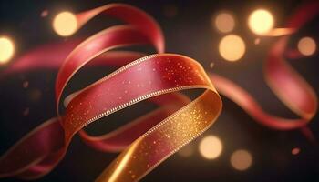 AI generated red and gold ribbon on a dark background photo