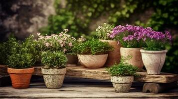 ai generado un vistoso verde jardín con muchos plantas para producto presentación y publicidad foto