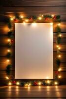 AI generated Wooden planks background with paper, frame of Christmas lights, fir tree, baubles, evening lighting photo