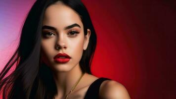 estudio retrato de un joven Adolescente niña con rojo lápiz labial en un rojo fondo, Moda concepto, maquillaje y Perfecto piel, cara de bebe, imagen generado por ai foto