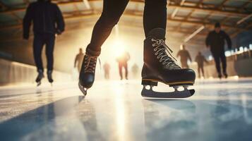 ai generado Patinaje en hielo Deportes arena. competiciones en velocidad Patinaje ai generativo foto