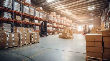 AI generated Cardboard Boxes Product in Warehouse Shelf with goods in cartons, with pallets and forklifts. Logistics and transportation blurred background.  AI Generative photo