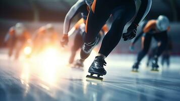 ai generado Patinaje en hielo Deportes arena. competiciones en velocidad Patinaje ai generativo foto