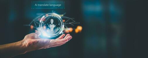 empresarios utilizar Internet y avanzado ai tecnología para sin costura Traducción en virtual realidad, secundario múltiple idiomas me gusta inglés, chino, y ruso foto