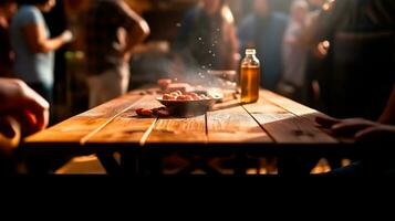 AI Generated a wooden table in the garden during the barbecue season for product presentation and advertising photo