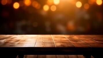 AI Generated a wooden table in the garden with blurred party bokeh in the background for product presentation and advertising photo