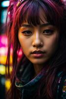 AI generated Young woman with colorful hair in neon lights photo