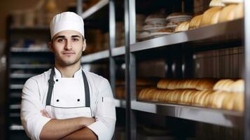 AI generated A chef wearing a hat stands in front of a display of freshly baked bread. Generative AI photo