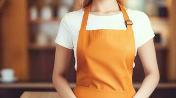 ai generado un cocinero mujer en un naranja delantal en pie en frente de un mesa. generativo ai foto