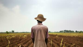 ai generado un hombre en un sombrero mira a su campo después cosecha. generativo ai foto