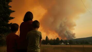 ai generado un familia mira a el bosque fuego con temeroso ojos. generativo ai foto