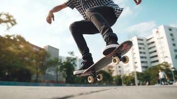 ai generado un persona patinar en un rampa, exhibiendo su habilidades y disfrutando el emoción de el conducir. generativo ai foto