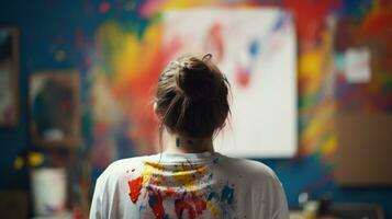 AI generated A woman stands before a painting, her shirt adorned with paint splatters. Generative AI photo