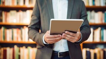 AI generated A businessman in a suit holding a tablet computer in a library, possibly researching or working on business-related tasks. Generative AI photo