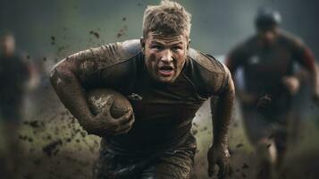 ai generado un rugby jugador cubierto en lodo, corriendo con un pelota durante un juego. generativo ai foto