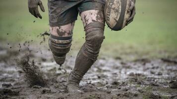 AI generated A rugby player covered in mud, sprinting with a ball in hand. Generative AI photo