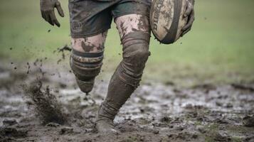 ai generado un rugby jugador cubierto en lodo, corriendo con un pelota en mano. generativo ai foto