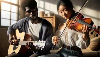 ai generado un hombre y mujer jugando musical instrumentos - guitarra y violín - en armonía. generativo ai foto