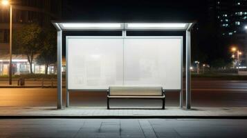 AI generated A night scene at a bus stop with empty benches under dim streetlights, waiting for passengers. Generative AI photo