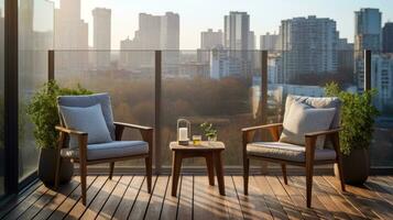 AI generated Balcony chairs with city view. Generative AI photo