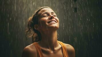 AI generated A woman joyfully stands under a rain shower, her face beaming with a smile. Generative AI photo