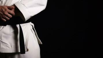 AI generated A man in a karate outfit proudly holds a black belt, symbolizing his mastery and expertise in the martial art. Generative AI photo