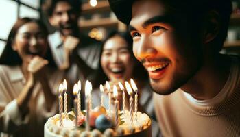 AI generated Man preparing to blow out a birthday cake decorated with lit candles, radiating happiness and celebration. Generative AI photo