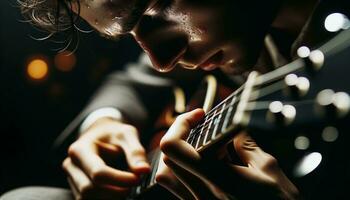 ai generado un músico rasgueos un eléctrico guitarra, dedos Moviente con rapidez terminado el instrumentos de cuerda. generativo ai foto