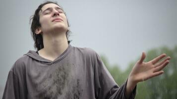 ai generado un joven hombre soportes en el lluvia, con su manos abierto, disfrutando el momento. generativo ai foto