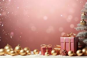 AI generated Merry Christmas banner with blank space for text, pink background. Generative AI photo