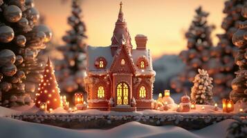 AI generated Christmas house with Christmas tree and candles in the snow. Generative AI photo