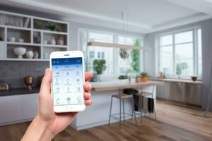 AI generated Smart home solutions, remote control via mobile devices and energy optimization. Generative AI photo