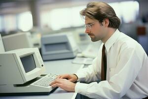 ai generado hombre en el 1990s utilizando un computadora. generativo ai foto