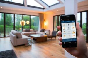 AI generated Smart home solutions, remote control via mobile devices and energy optimization. Generative AI photo