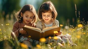 ai generado contento niños niños leyendo libro juntos a el campo concepto niños día. generativo ai foto