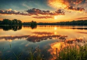 ai generado hermosa puesta de sol en lago foto