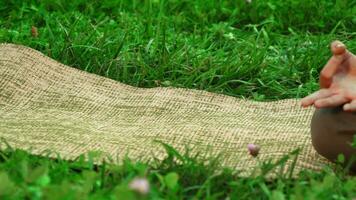 le yoga tapis est pose sur le herbe video