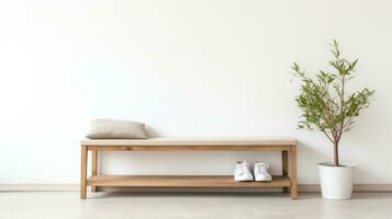 AI generated The bench and plant placed in front of a white wall create a calm and minimalist indoor environment. Generative AI photo