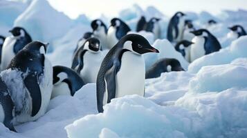 AI generated A group of penguins standing in the snow, showcasing their black and white feathers and huddling together for warmth. Generative AI photo